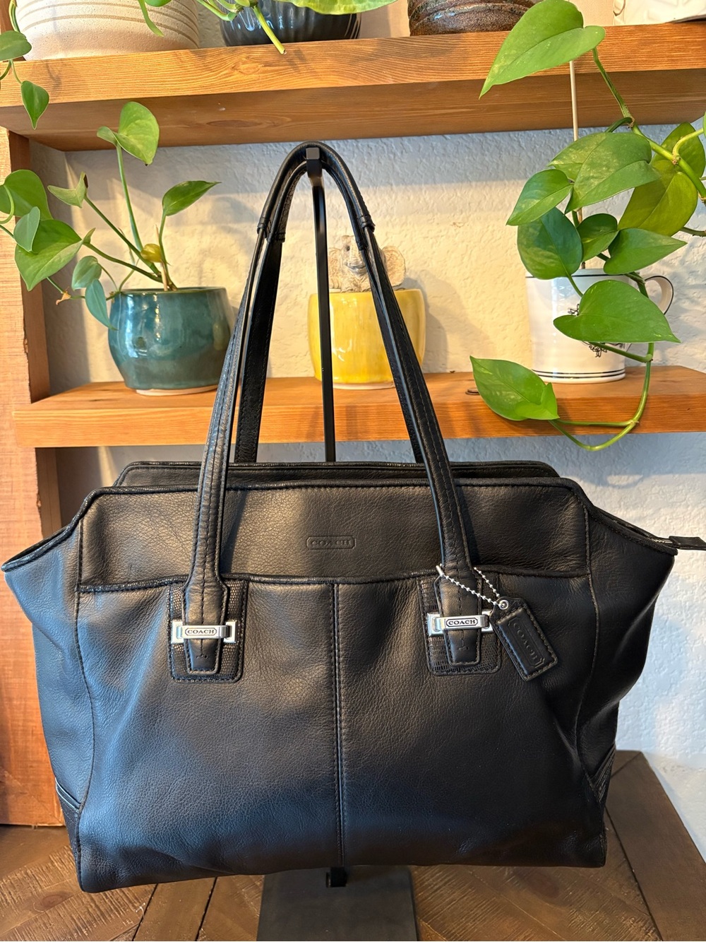 Coach Black Leather Tote with Dual Top Handles and Silver Hardware